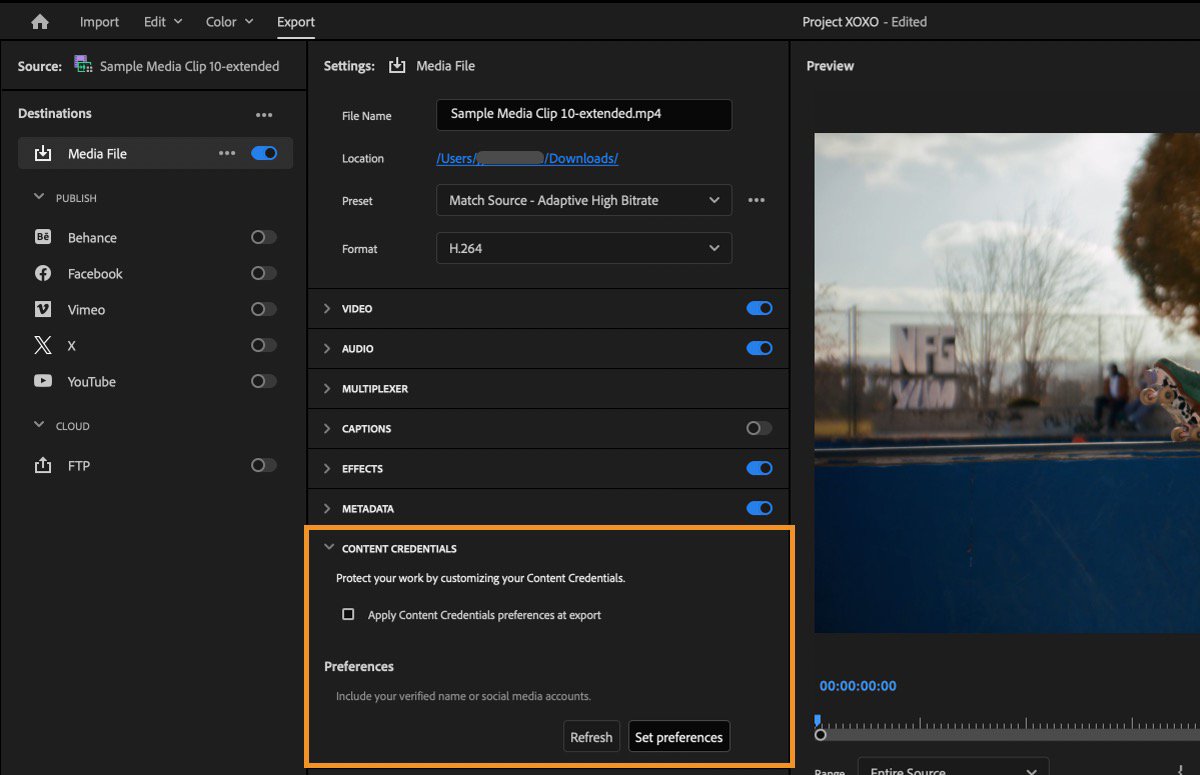 Adobe Premiere export panel with Content Credentials controls highlighted