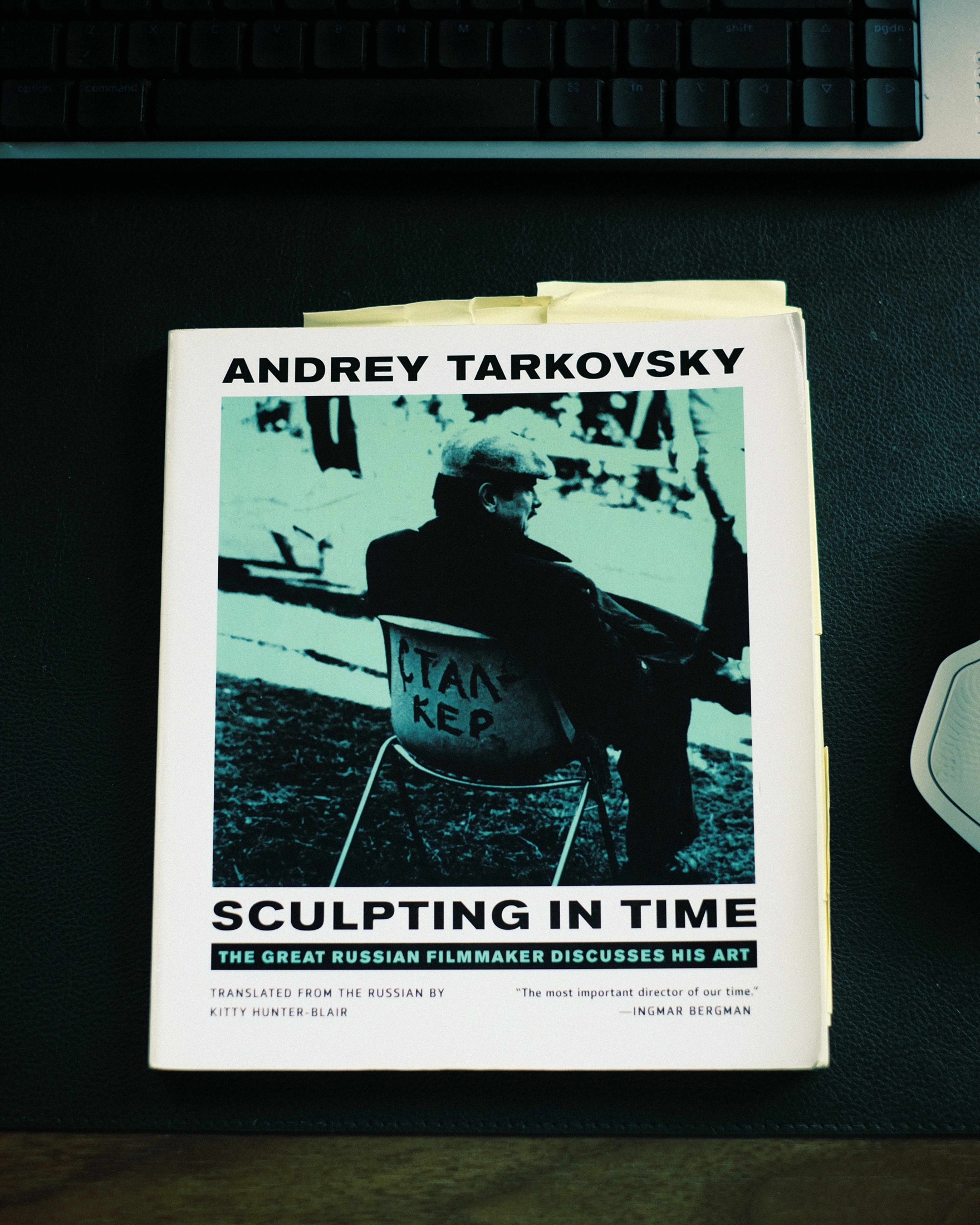 A tabbed copy of Sculpting in Time by Andrey Tarkovsky on a desk