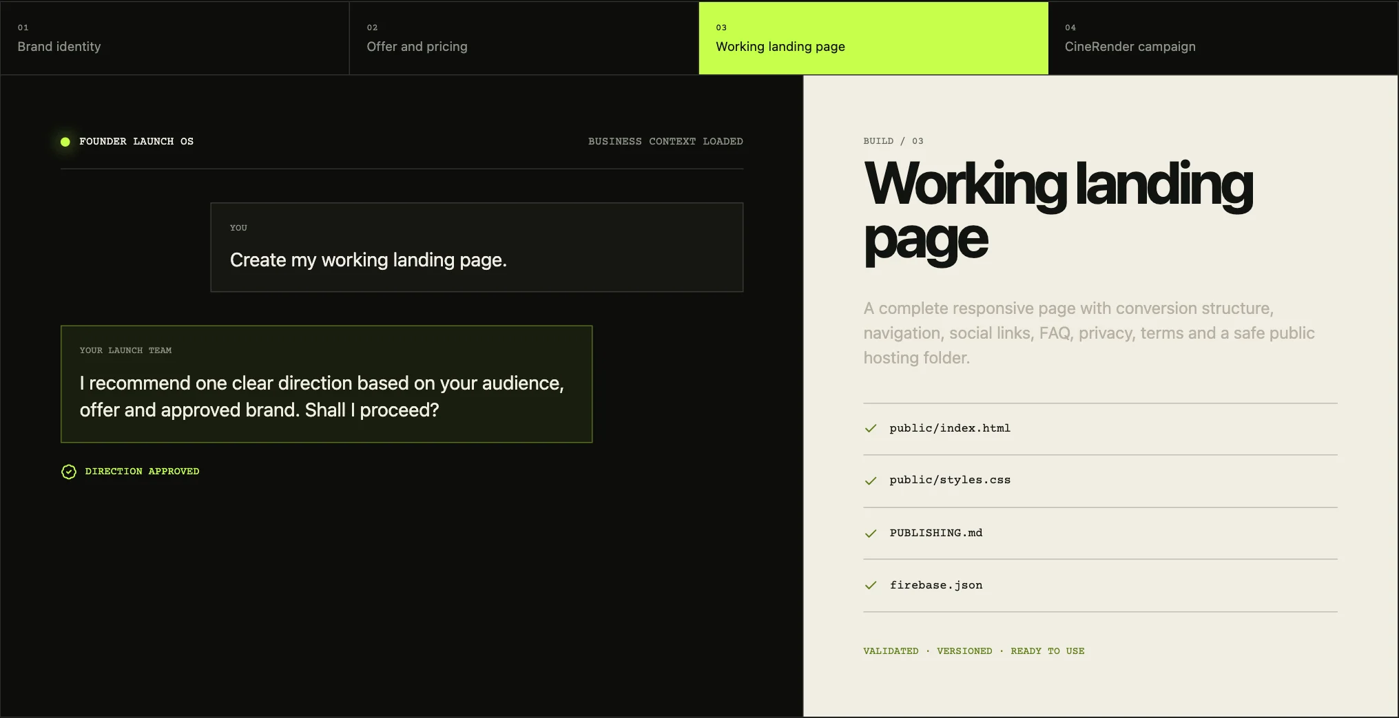 Founder Launch OS example showing a guided conversation beside a completed landing-page output