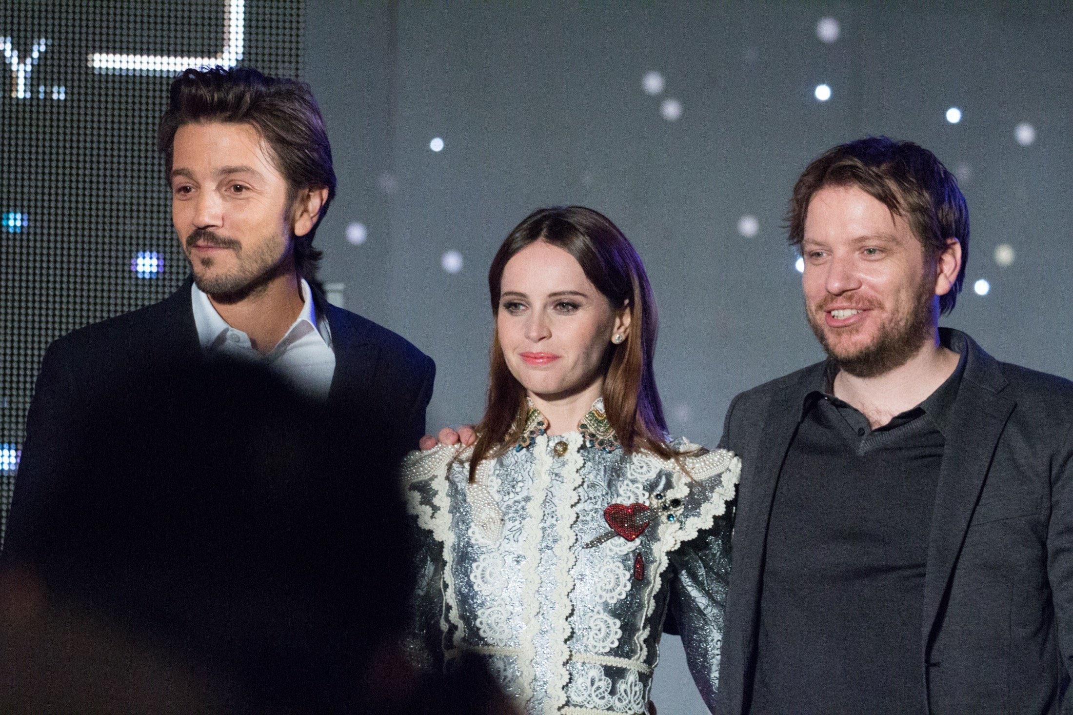 Diego Luna, Felicity Jones, and Gareth Edwards at the Rogue One Japan premiere red carpet