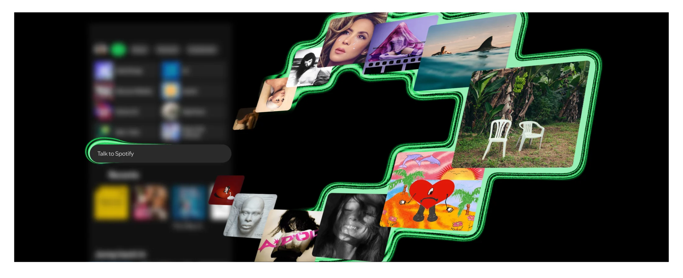 Spotify artwork showing the Talk to Spotify conversational interface beside music and podcast covers