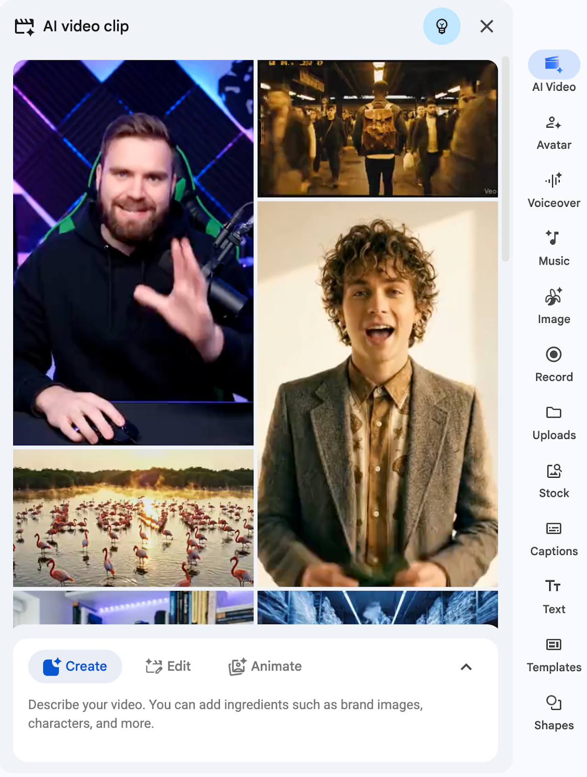 Google Vids interface showing AI-generated video clips and media creation controls