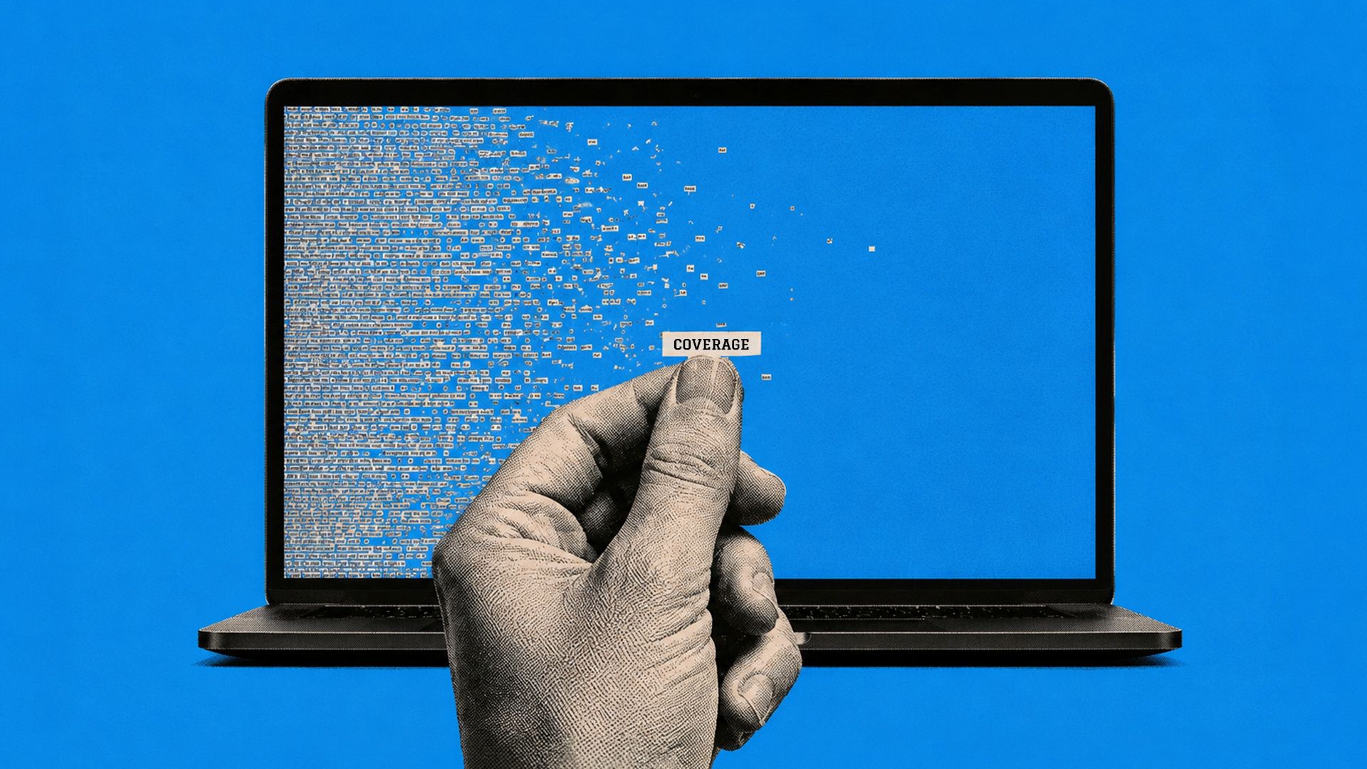 Illustration of digital publishing coverage being removed from a laptop screen