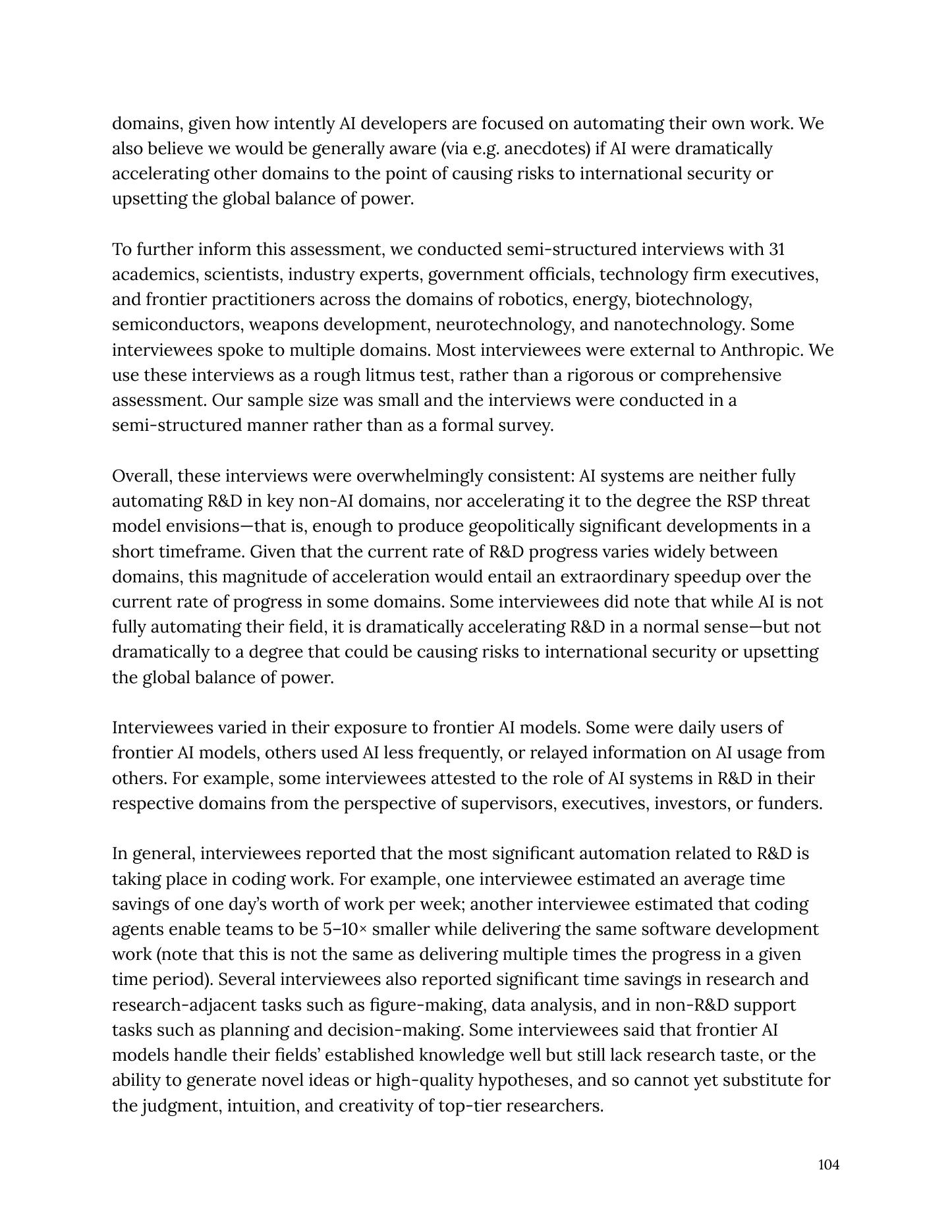 Page from Anthropic's August 2026 Risk Report describing interviews about AI acceleration and human judgement
