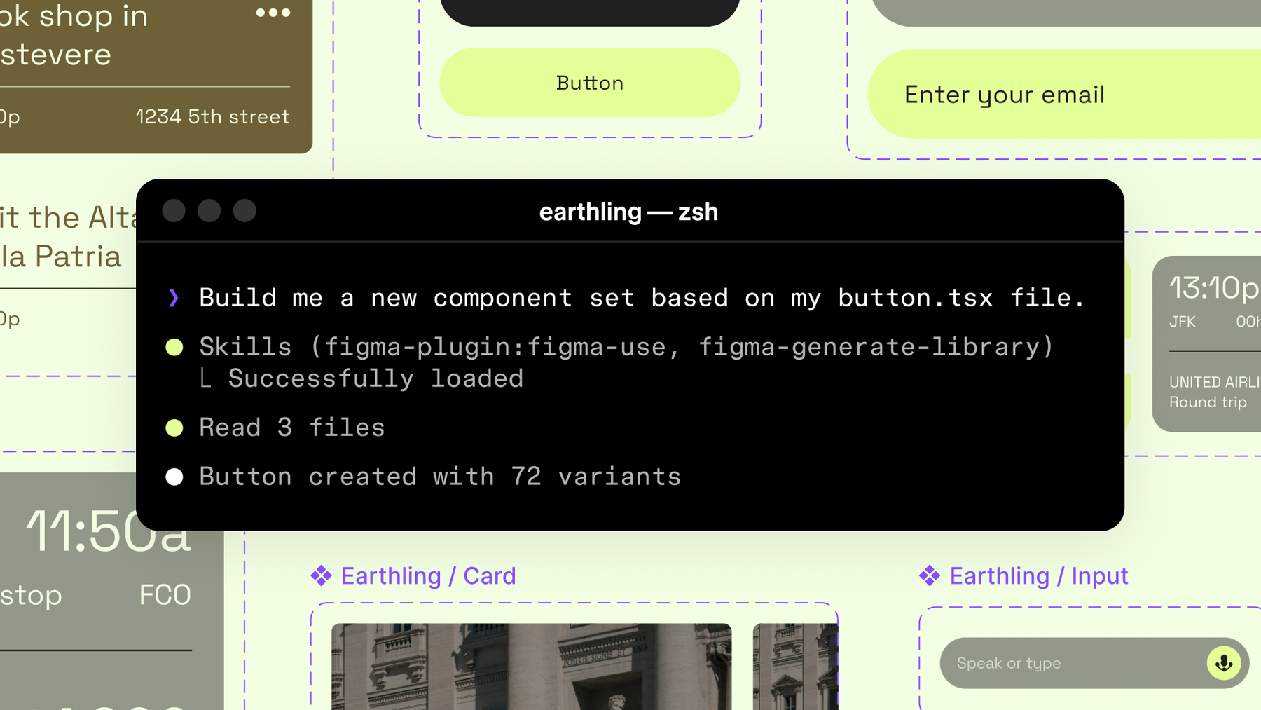 Figma design canvas with an agent terminal creating a component set from a code file