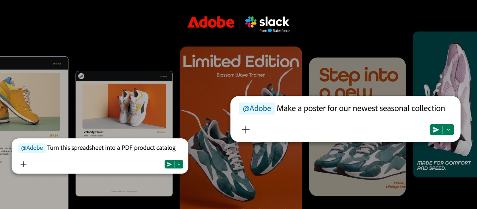 Adobe for Slack interface showing creative tools available through a team conversation