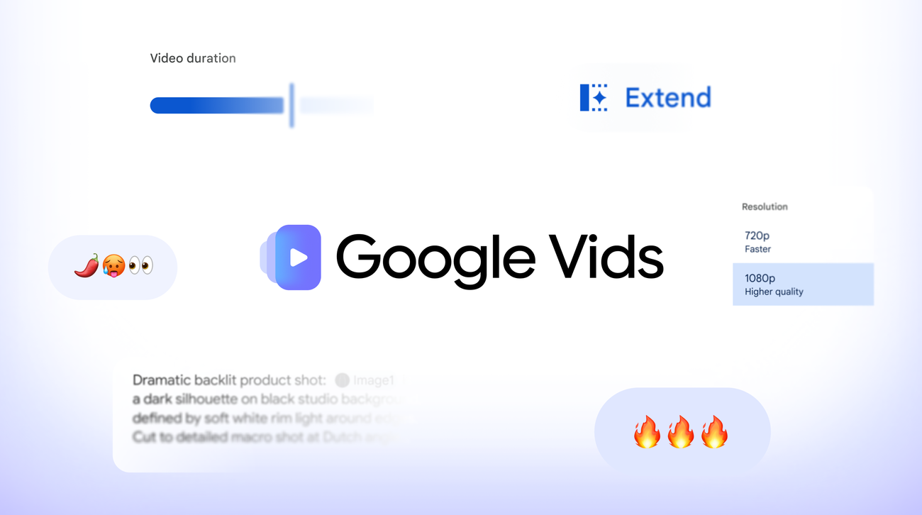 Google Vids interface surrounded by AI video creation and editing controls