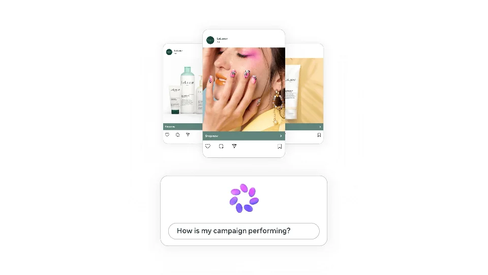 Meta AI business assistant interface beneath three advertising creative variants
