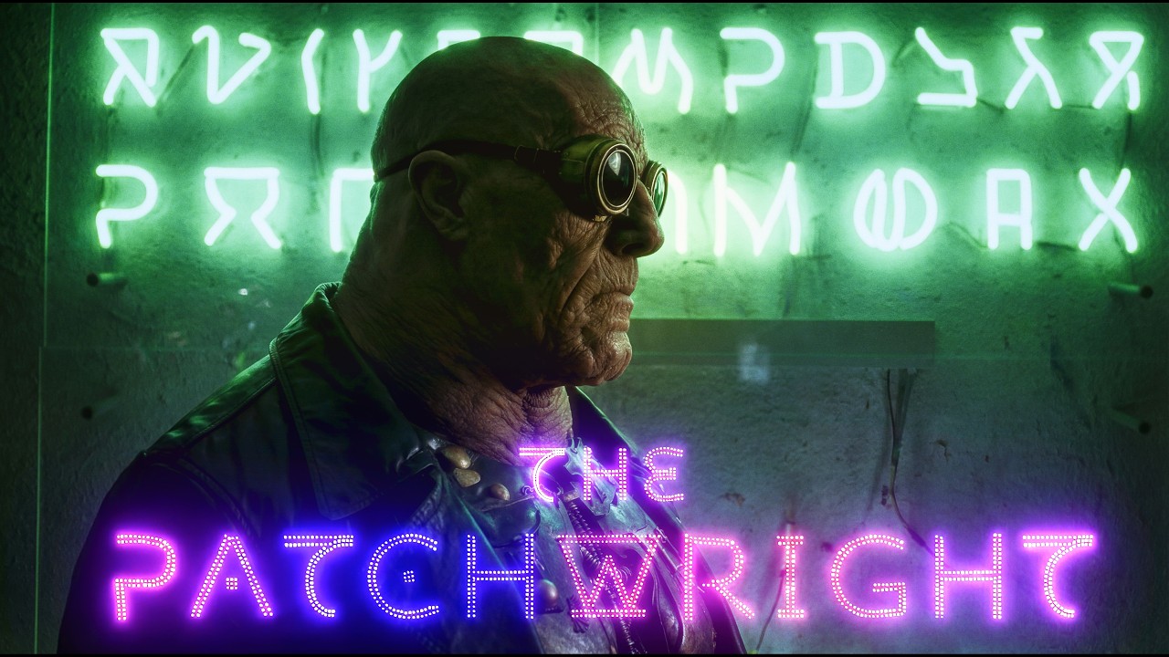 Cyberpunk body mechanic in green and magenta light from The Patchwright official artwork