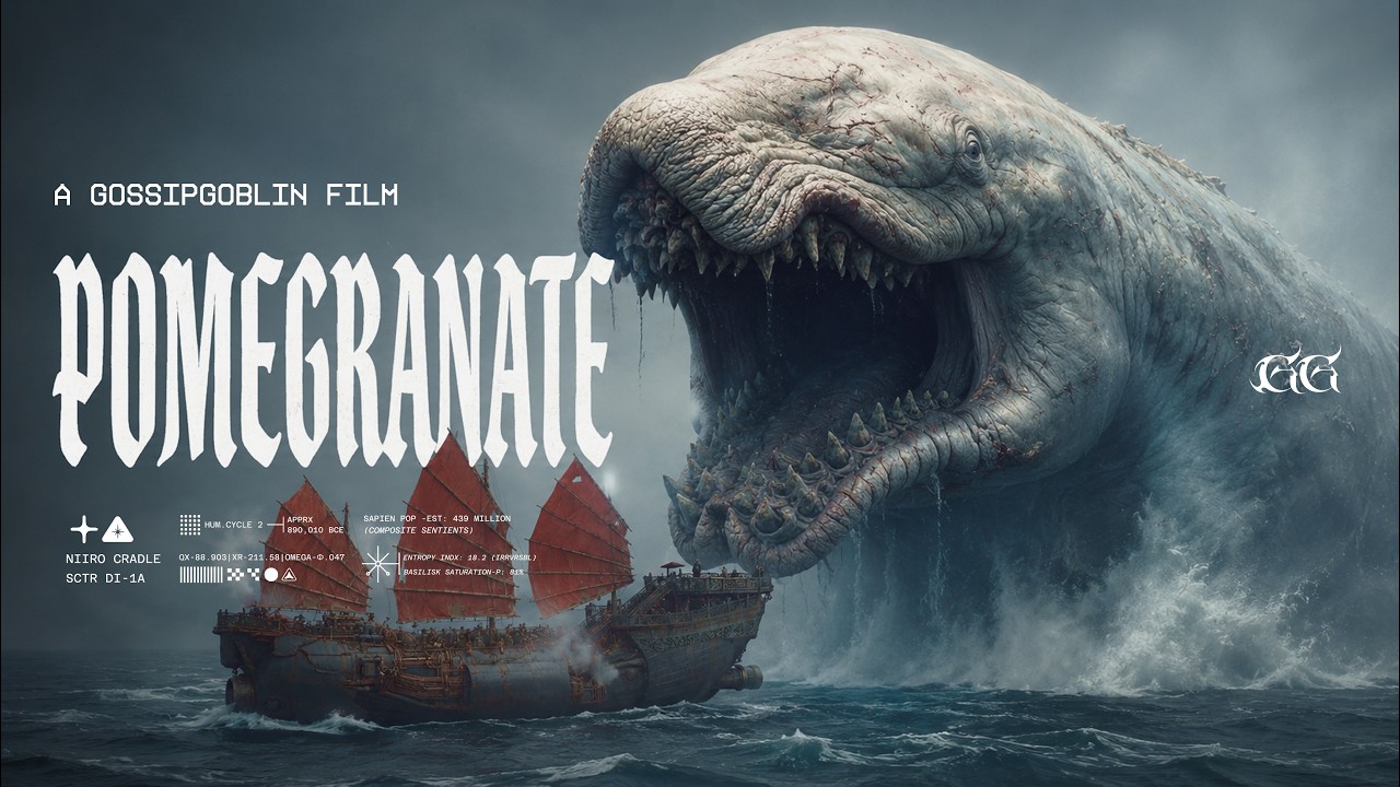 A sailing vessel facing an enormous pale sea creature in the official Pomegranate sci-fi short artwork