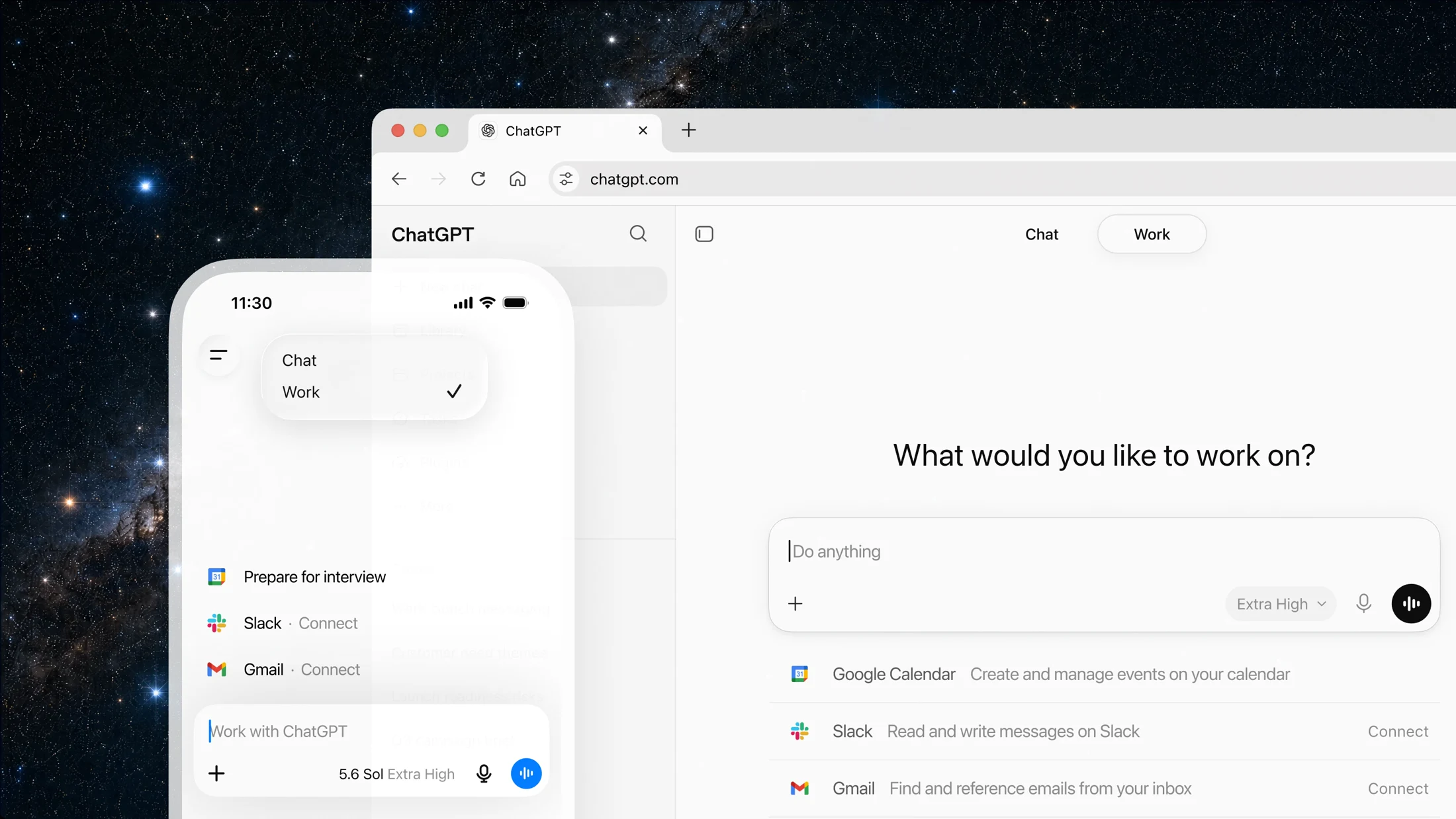 ChatGPT Work displayed across desktop and mobile with connected work applications