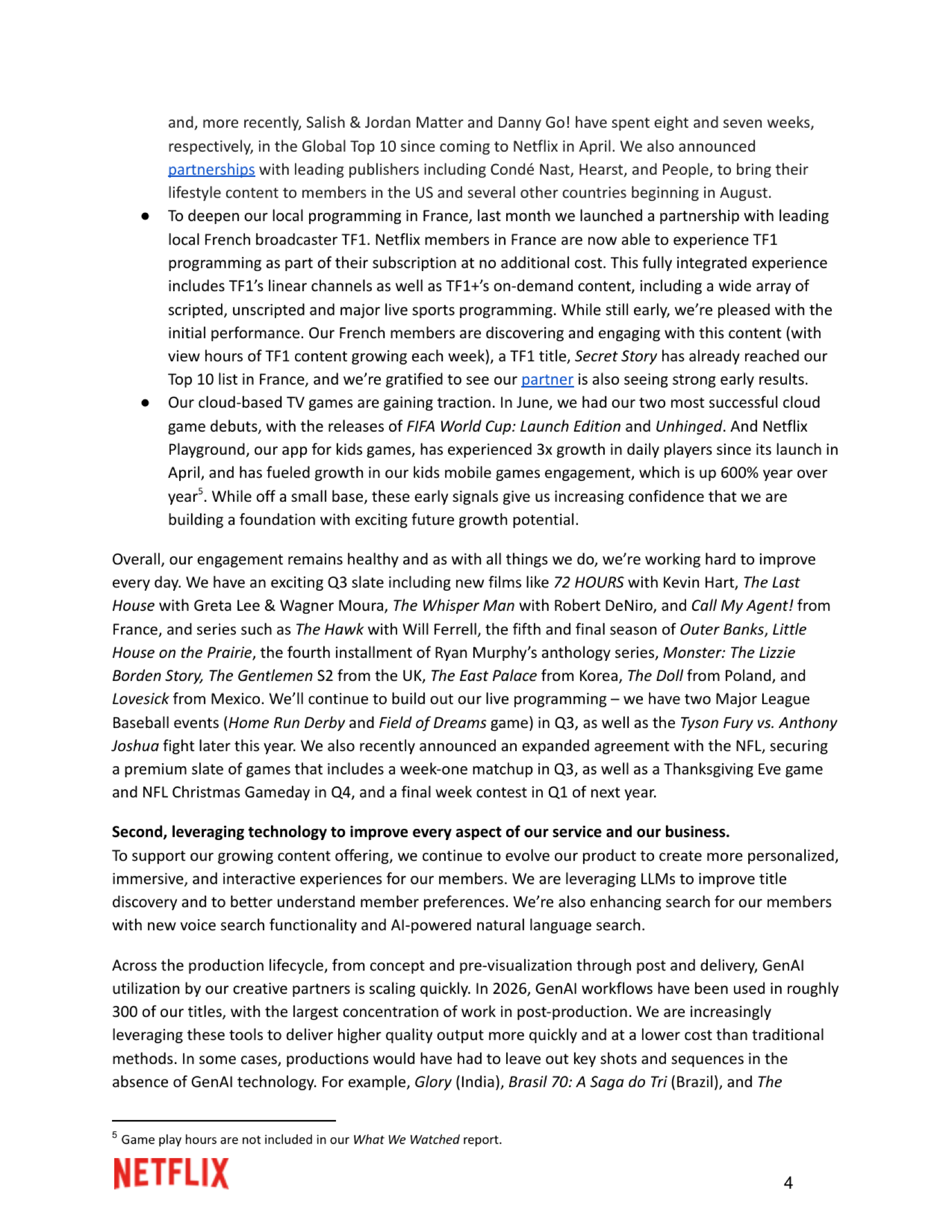 Page four of Netflix's Q2 2026 shareholder letter describing generative AI use across roughly 300 titles
