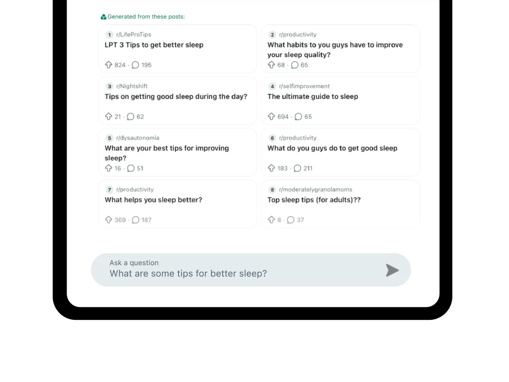 Reddit Answers interface showing eight community posts used to generate an answer about sleep