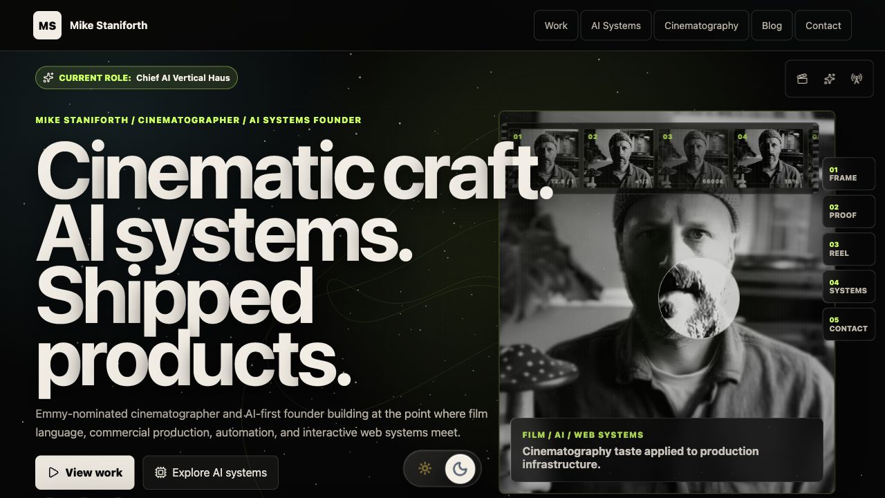 Dark mode screenshot of the Mike Staniforth homepage