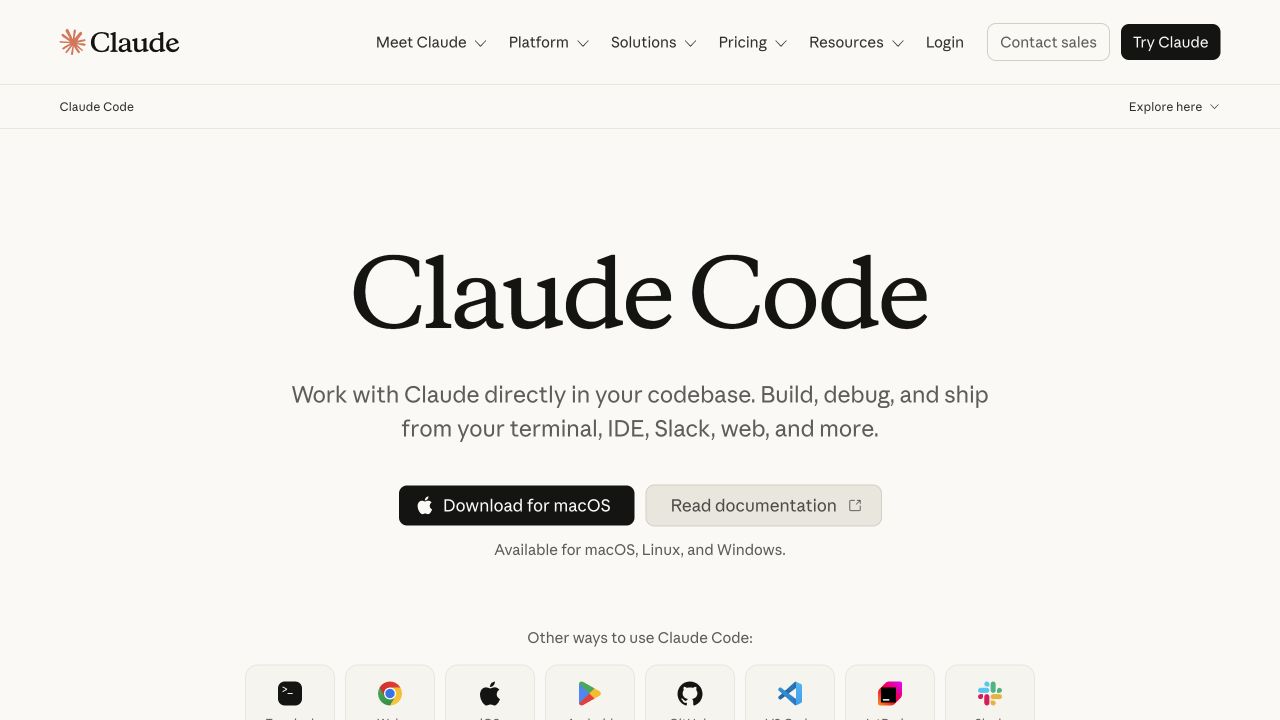 The official Claude Code product page showing Claude Code running in a terminal