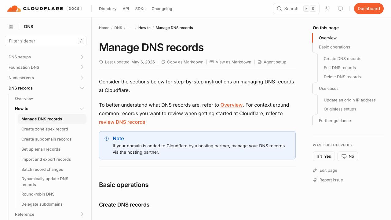 Cloudflare documentation showing where to manage and create DNS records
