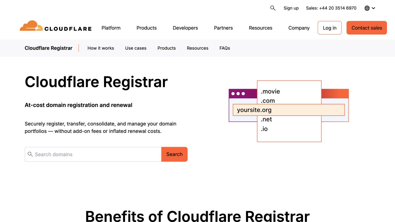 The official Cloudflare Registrar website with its domain search field