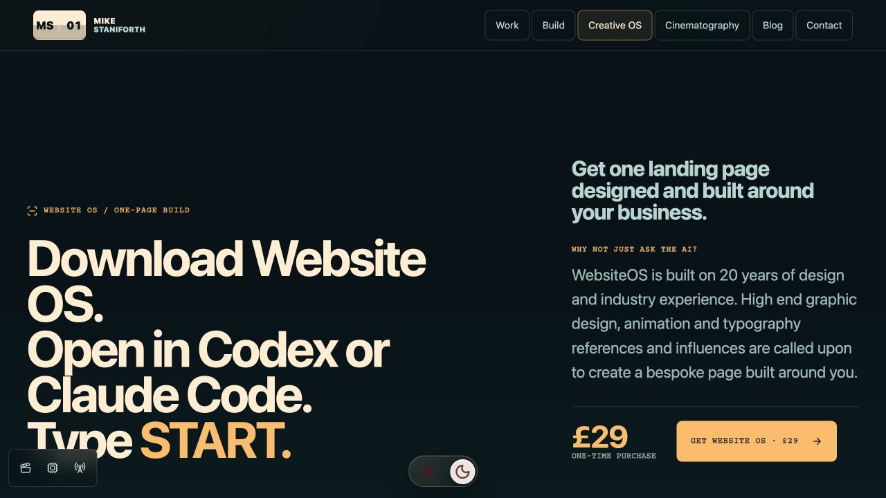The Website OS product page showing the guided landing-page build system