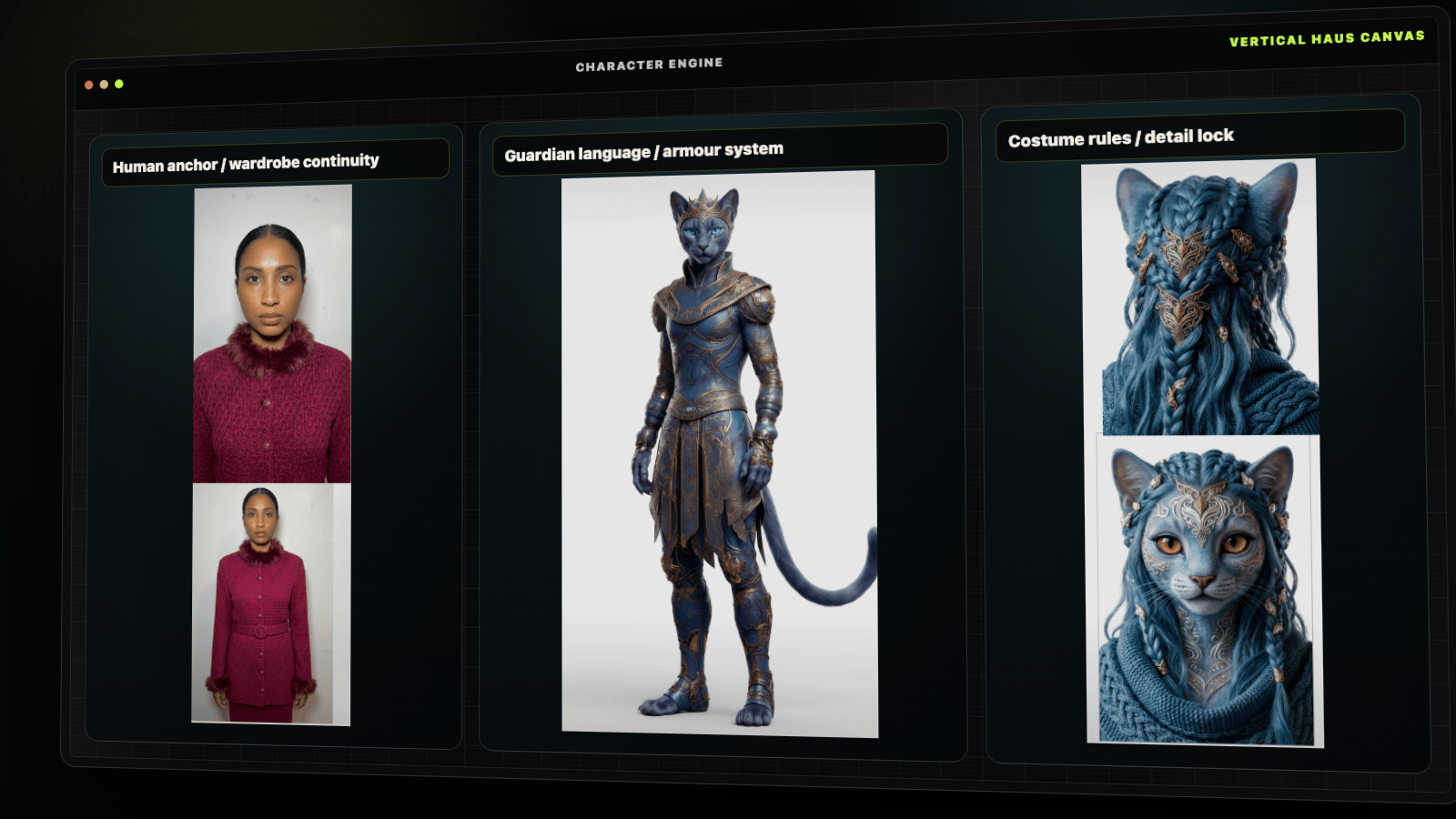 AI character engine canvas showing character sheets and continuity panels