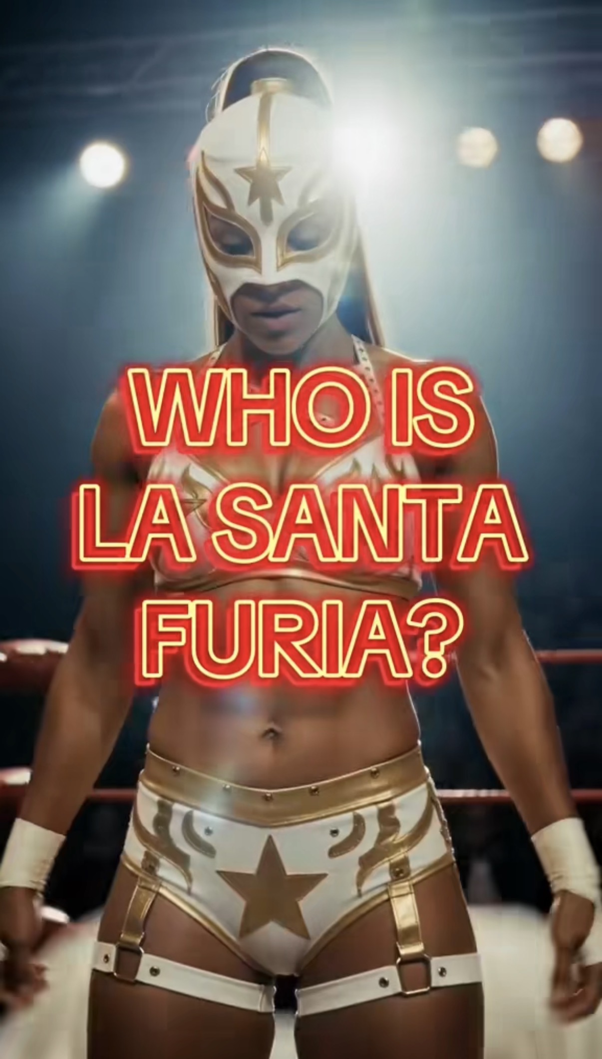 La Santa Furia cutdown preview frame asking who is La Santa Furia over a masked wrestler in the ring