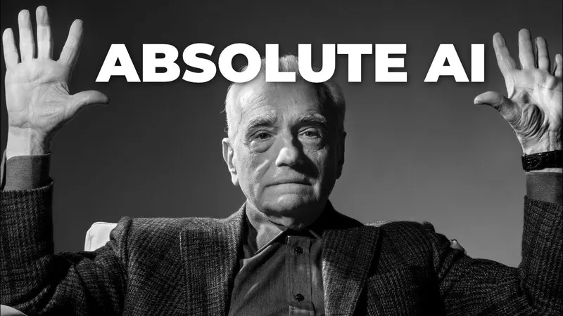 Black and white Martin Scorsese arms-raised meme image adapted with the words Absolute AI