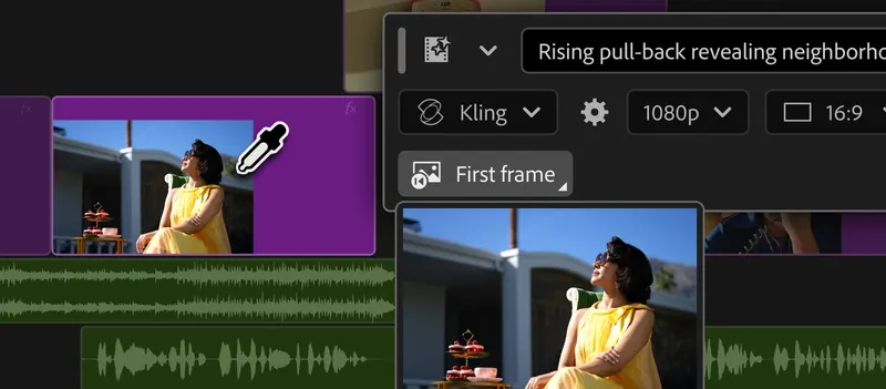 Adobe Premiere timeline beside controls for generating a video clip with a selected AI model