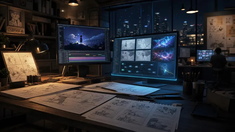 Animation studio desk with storyboards and AI-assisted production monitors at night