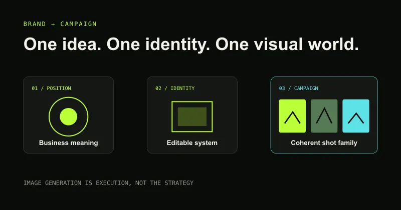 AI brand system connecting positioning and editable identity assets to a cinematic campaign
