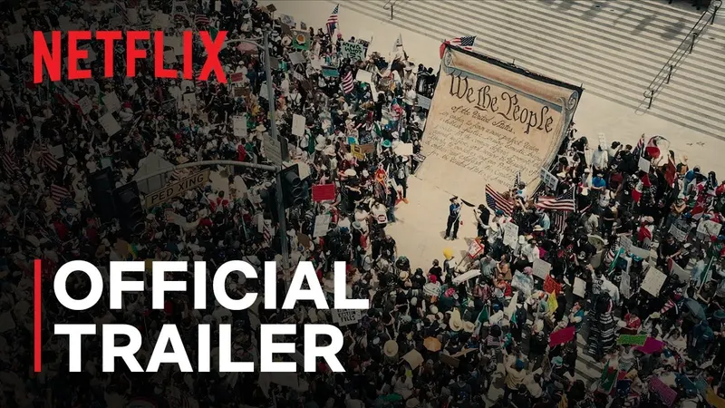 Official Netflix trailer artwork for The American Experiment showing a crowd around a large copy of the US Constitution