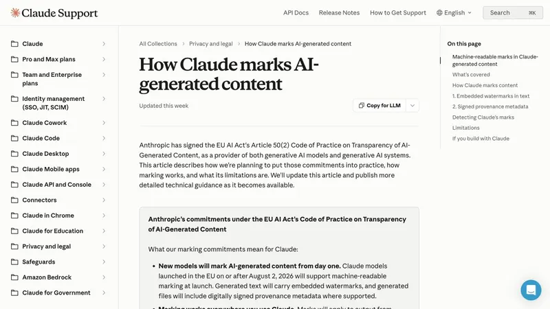 Anthropic guidance page explaining how Claude marks AI-generated content under the EU AI Act transparency code
