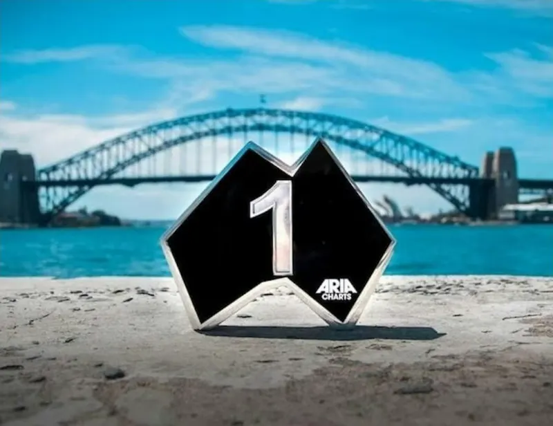 ARIA Charts number-one trophy photographed in front of Sydney Harbour Bridge