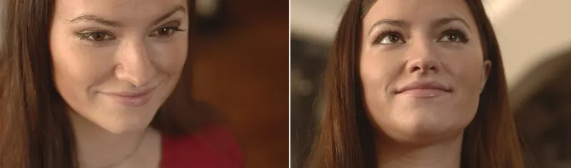 Matched close-ups showing a camera above and below a woman's eyeline
