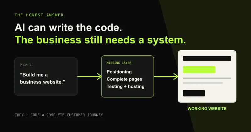 AI conversation becoming a complete business website with strategy, code and publishing