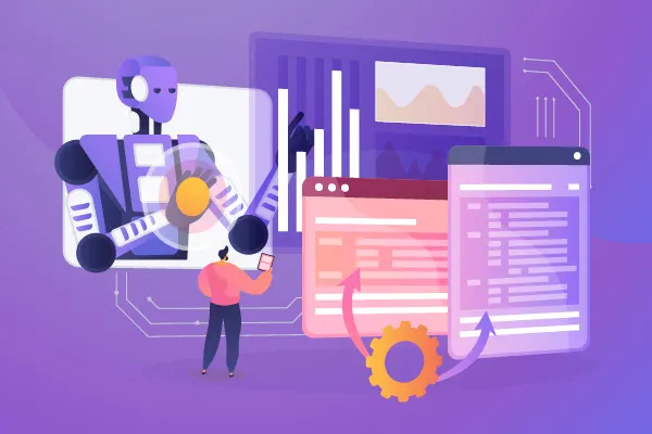 European Commission artwork representing AI transparency guidance with a person, interface, charts, and code