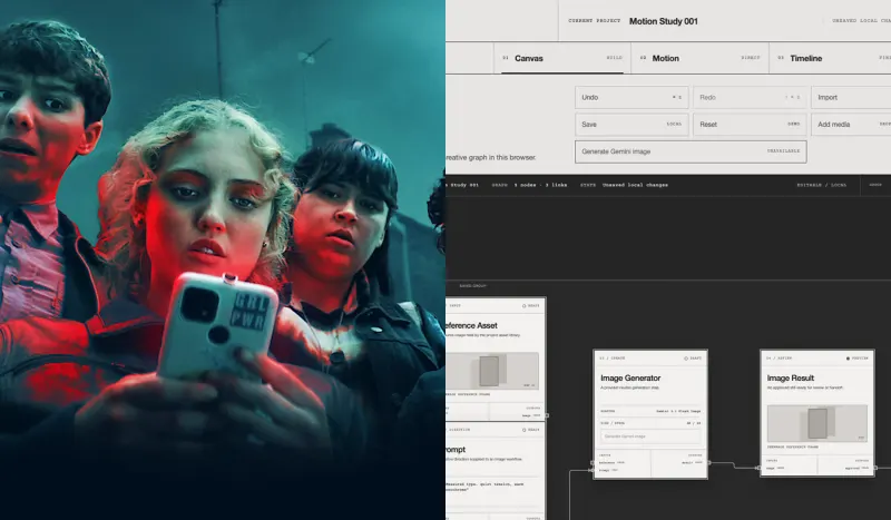 Split image pairing a Red Rose television frame with the SeenMade connected creative workspace