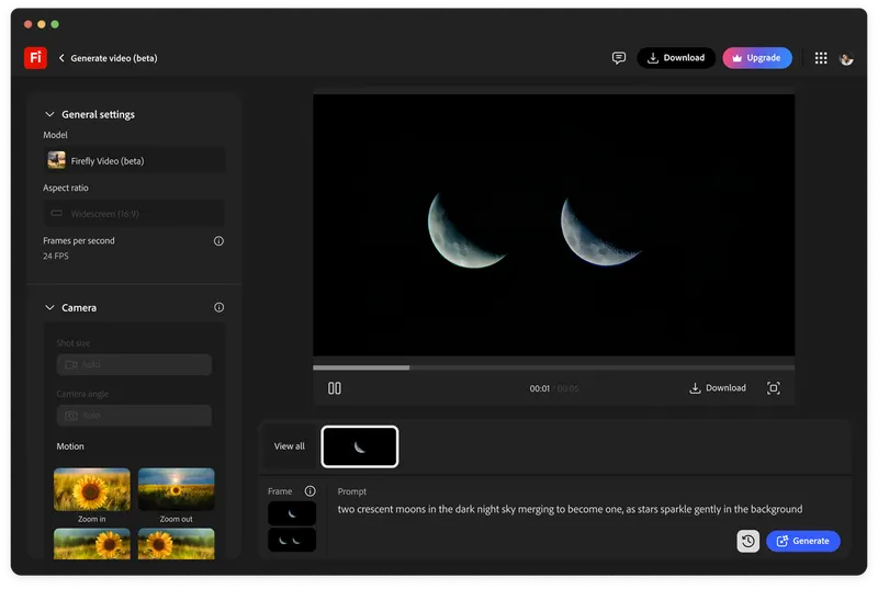 Adobe Firefly Generate Video interface showing camera settings, motion controls, first and last frames, and a generated moon clip
