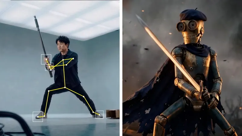 Autodesk Flow Studio demo showing a tracked human sword performance beside a rendered robot character