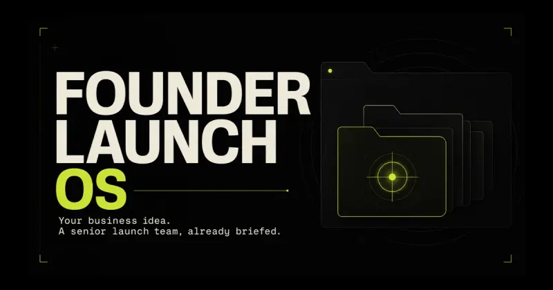 Founder Launch OS title beside a layered digital folder and targeting graphic