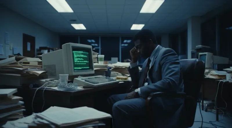 AI-generated late-night office scene lit by fluorescent ceiling panels and a green computer monitor