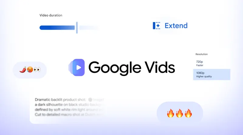 Google Vids interface surrounded by AI video creation and editing controls