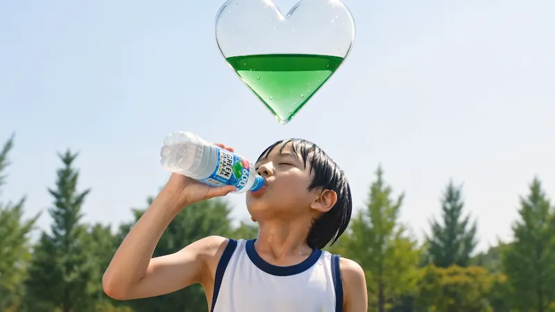 Generated commercial frame of a child drinking GREEN DA・KA・RA beneath the brand's green heart motif