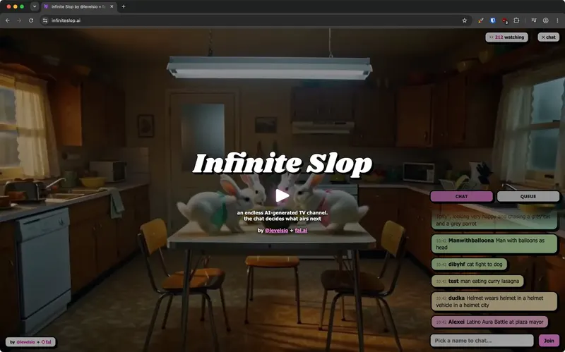 Infinite Slop’s launch interface showing generated rabbits in a kitchen beside audience chat and queue controls