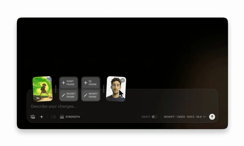 Luma Dream Machine interface combining an input video, start and end frames, and a character reference