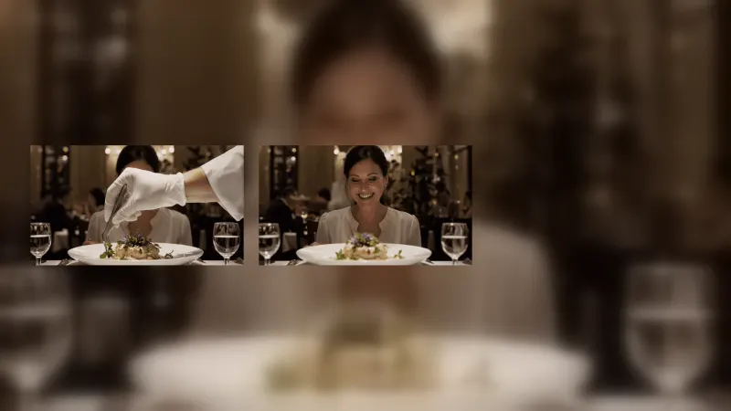 Three frames from a Runway AI video showing focus moving from a chef's hand to a diner