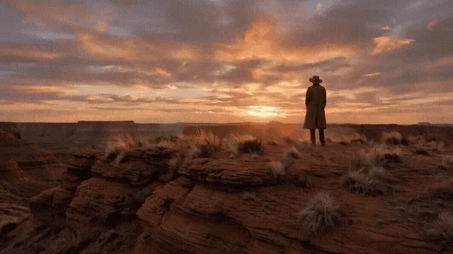 Runway Gen-4.5 wide shot of a lone cowboy overlooking a desert canyon at sunset