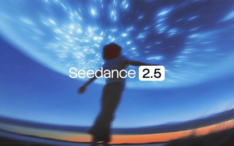 Seedance 2.5 launch artwork showing a person moving through a blue light tunnel