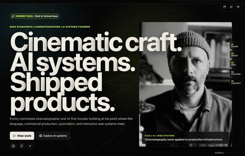 Mike Staniforth personal site shown as a cinematic interactive portfolio hero