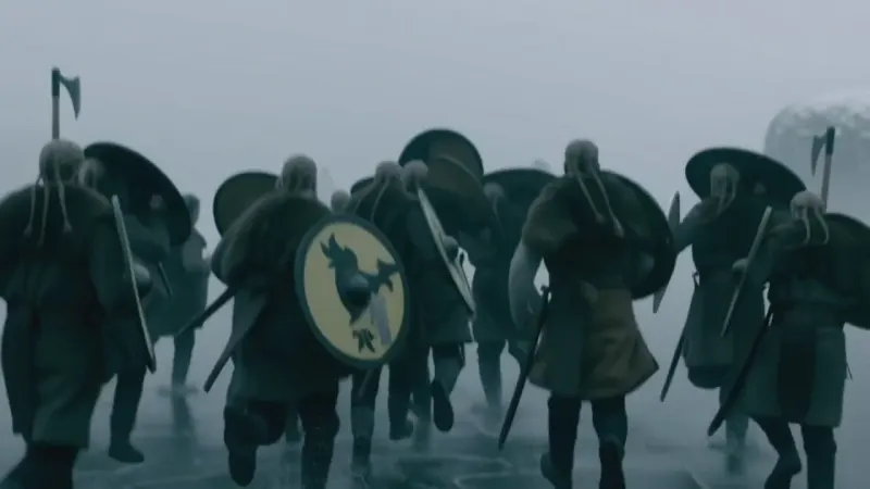 Official Sora 2 generated Viking scene from OpenAI showing warriors running through fog