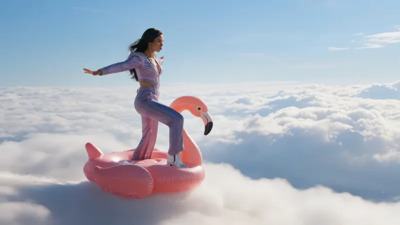 Official Tilly Norwood portfolio still showing the AI character standing on a pink flamingo float above clouds