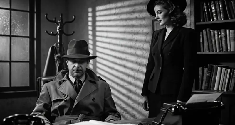 Veo-generated film noir two-shot of a seated detective and a standing woman in an office